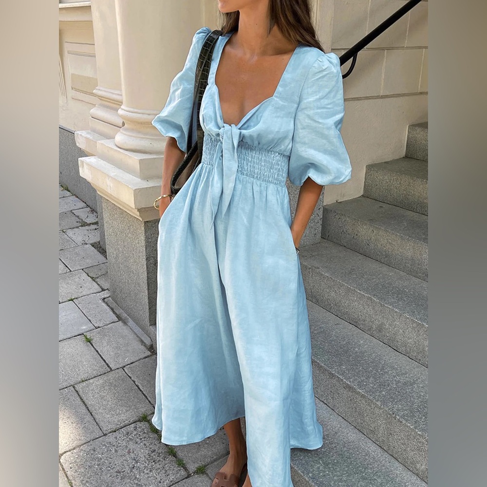 Linen Cotton Front Tie Midi Dress SMALL NWT